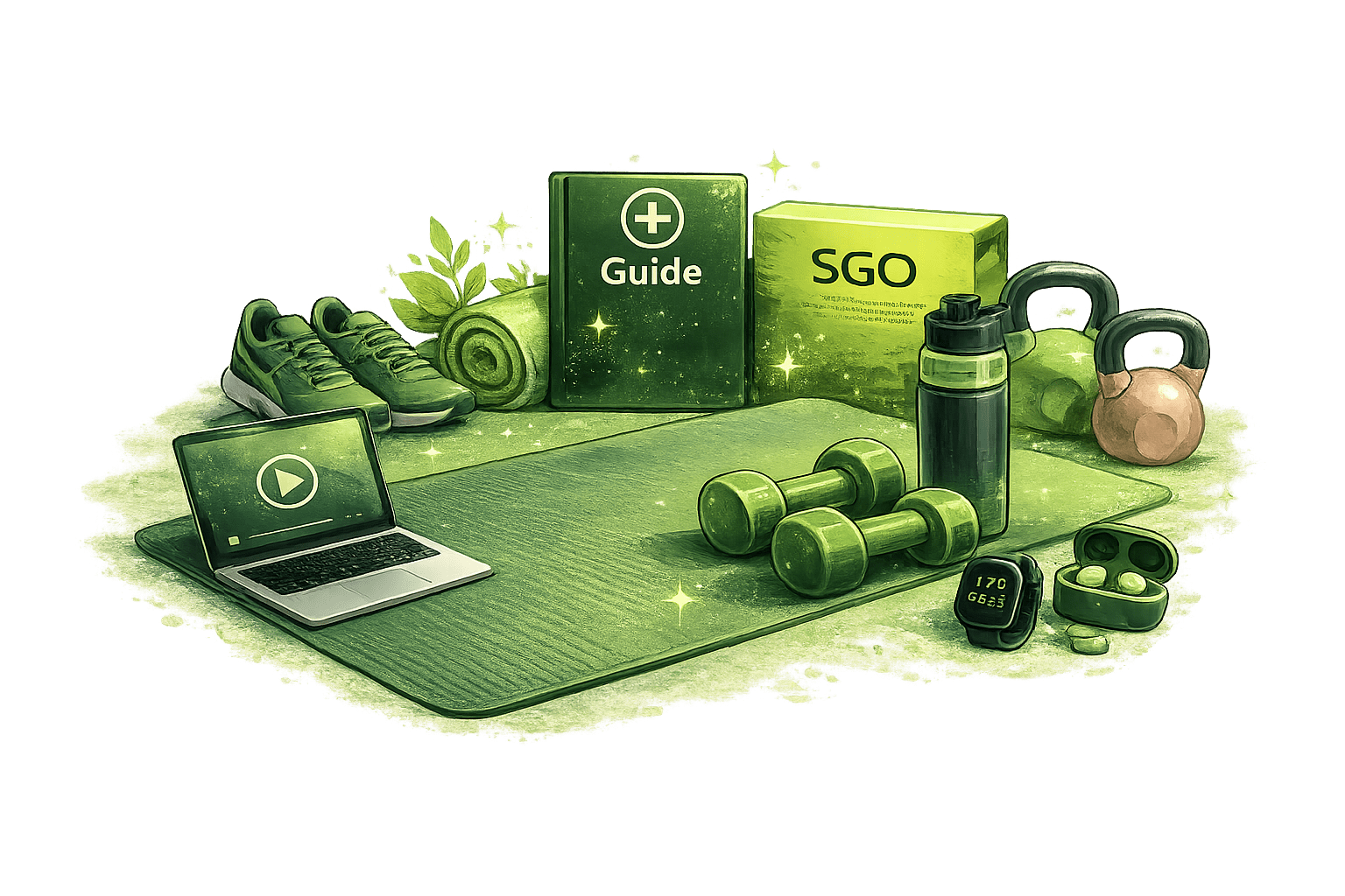 Online-Coaching und Training: Matte, Video-Laptop, Hanteln und Kettlebells – Home-Workout mit Struktur