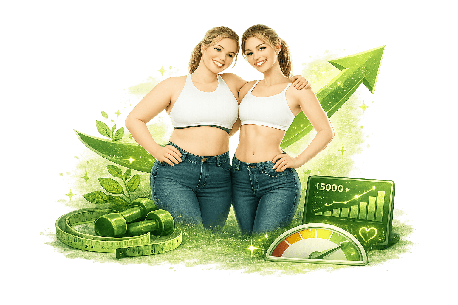 Fitness-Transformation durch High-Performance-Coaching: zwei Frauen, Maßband, Hanteln und Wachstumsdiagramm