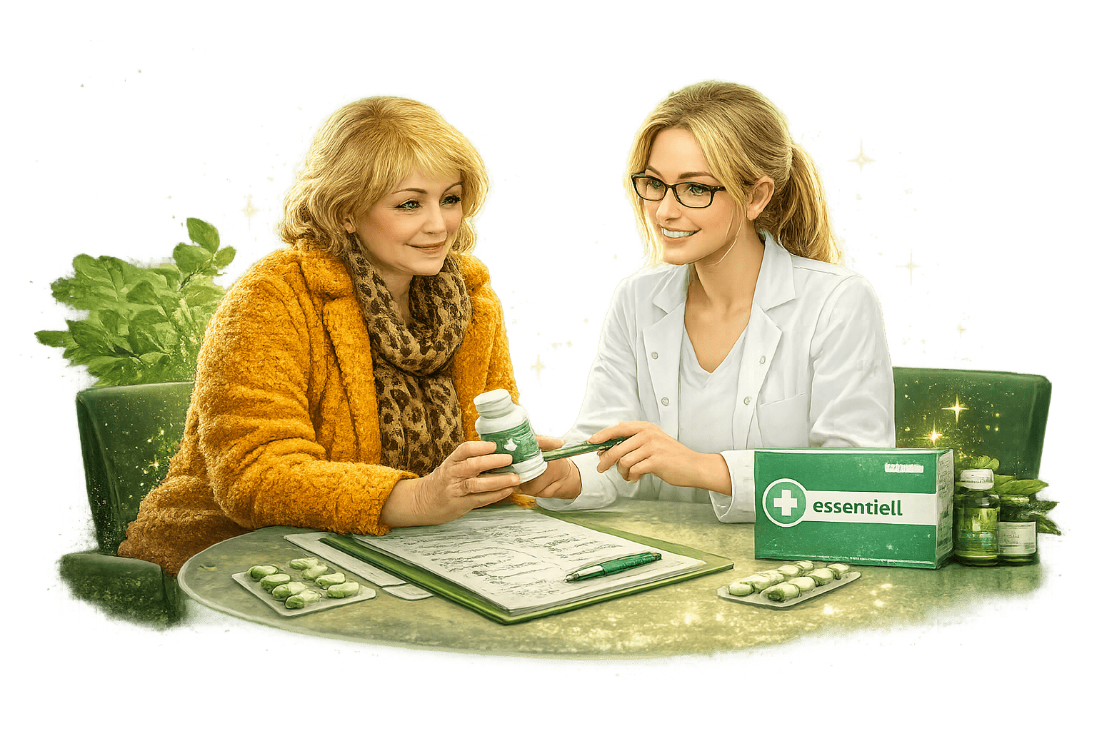 Apothekerin berät Kundin zu Nahrungsergänzung und Gesundheitsplan – Coaching, Ernährung und Supplements